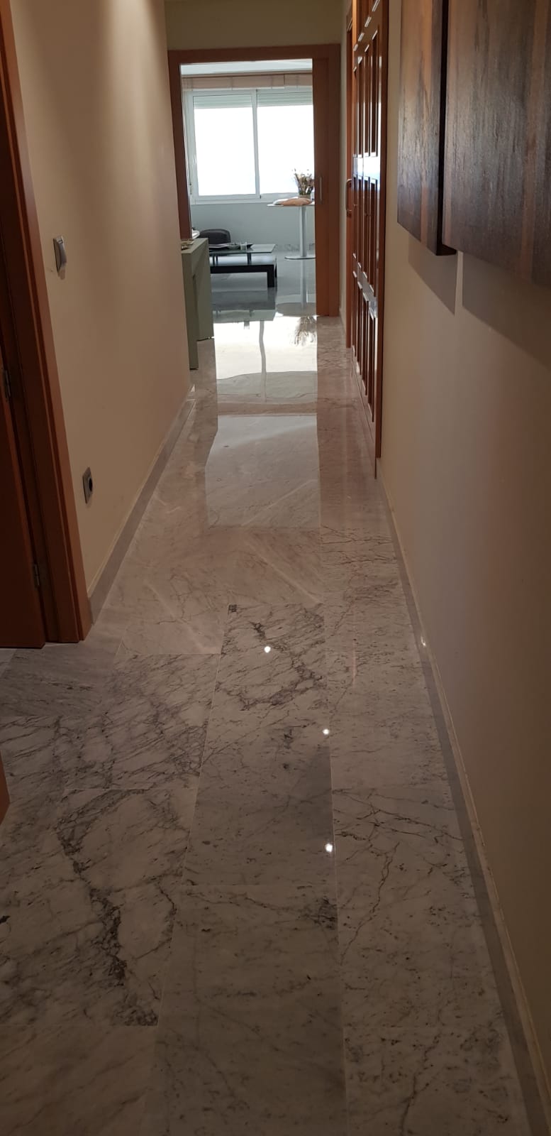 Detalle del mármol Arabescato Blanco diamantado y pulido en una vivienda de lujo en Playa de San Juan